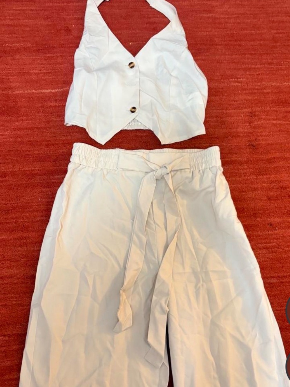 Women's Cream High-Waist Tie-Waist Wide-Leg Pants and Halter crop top